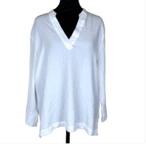 Norm Thompson Shirt Size L White Popover Tunic Crinkle Gauzy Summer